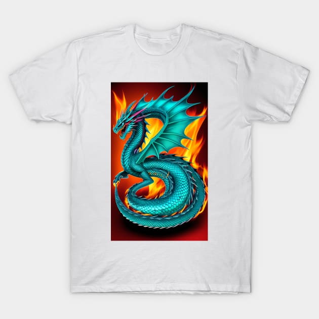 Dragon Fire Turquoise Fantasy T-Shirt by ShopSunday